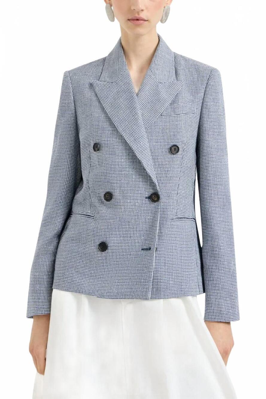 NEW BRUNELLO CUCINELLI women's linen and cotton houndstooth blazer in blue and w